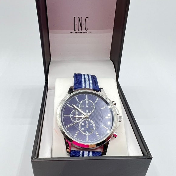 Inc International Concepts Men's Blue & White Striped Denim Strap Watch 42mm - Picture 3 of 6
